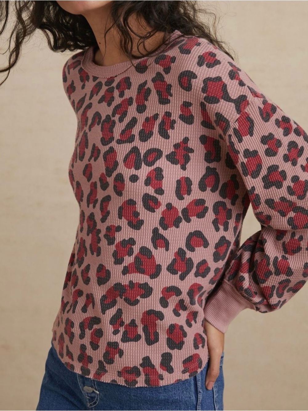 T.la ANTHROPOLOGIE DOLLY THERMAL PINK LEOPARD WAFFLE KNIT LONG SLEEVE SHIRT XS
